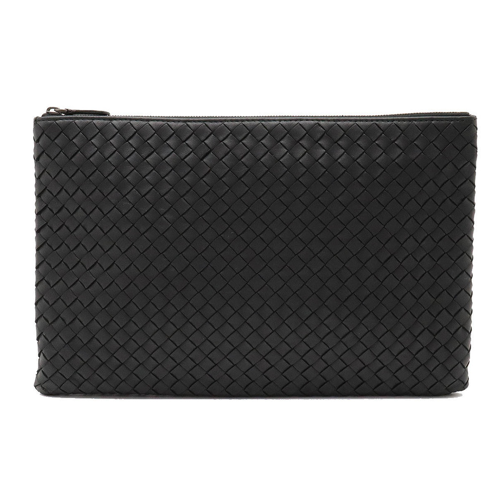 BOTTEGA VENETA Intrecciato Clutch Bag Shoulder Flat Pouch Calf Leather Black